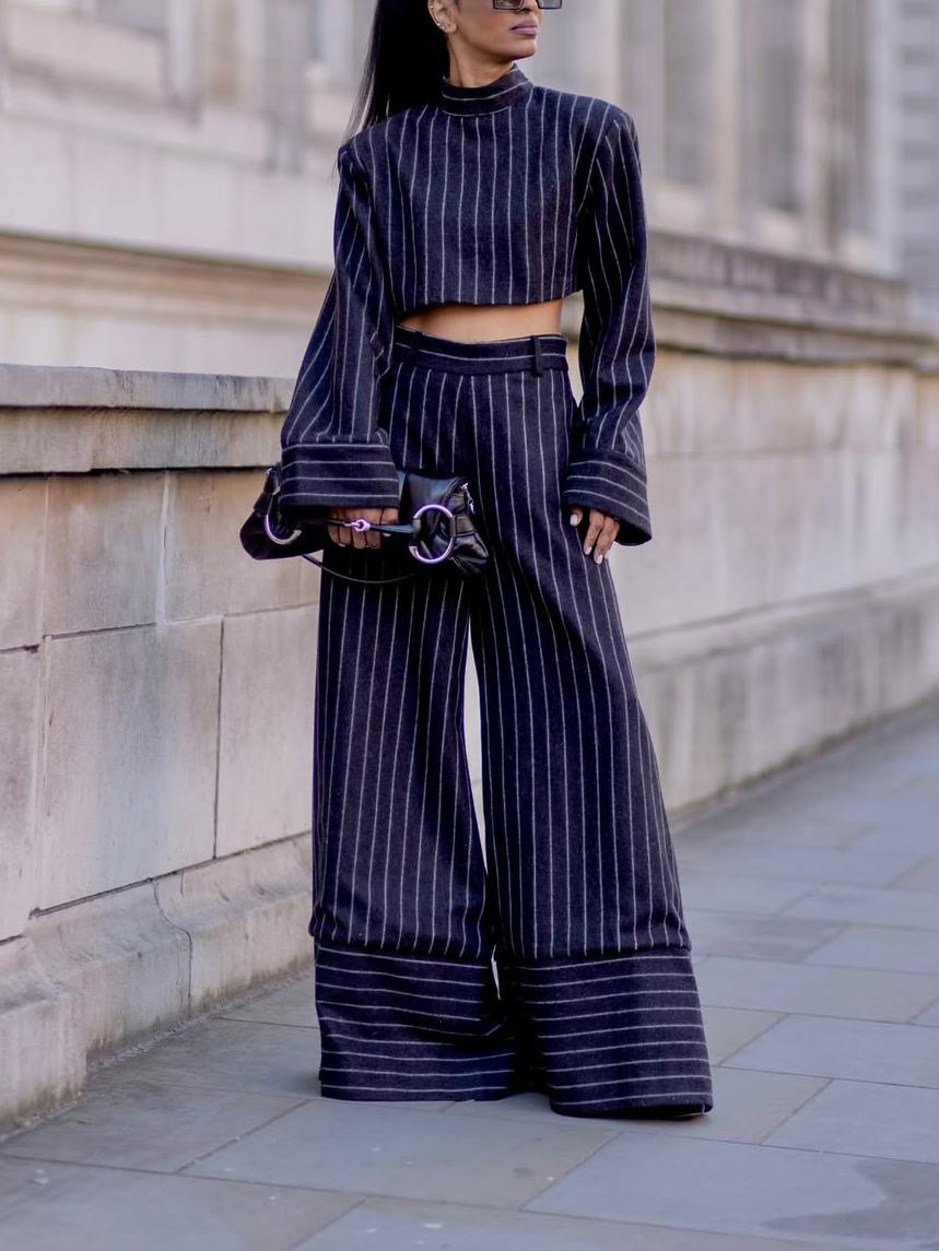 Elegant Navy Blue Striped Long-Sleeve Two-Piece Set