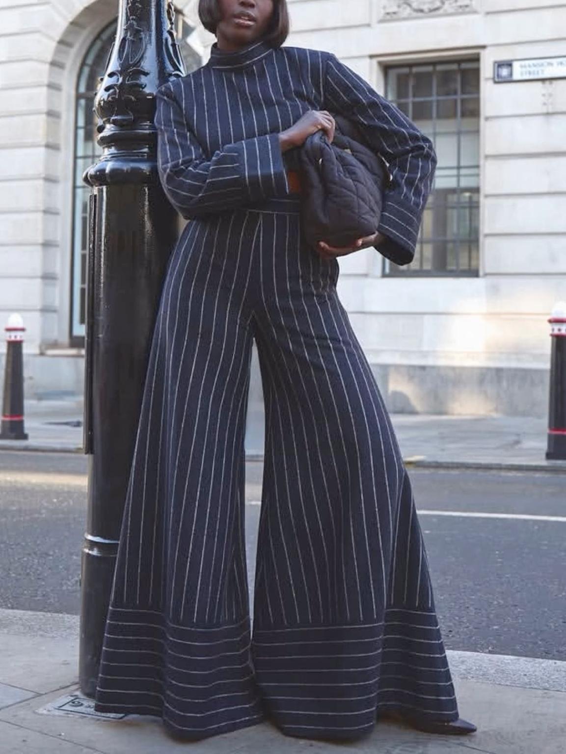 Elegant Navy Blue Striped Long-Sleeve Two-Piece Set