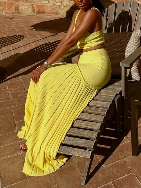 Elegant Yellow Pleated Skirt Two-piece Set