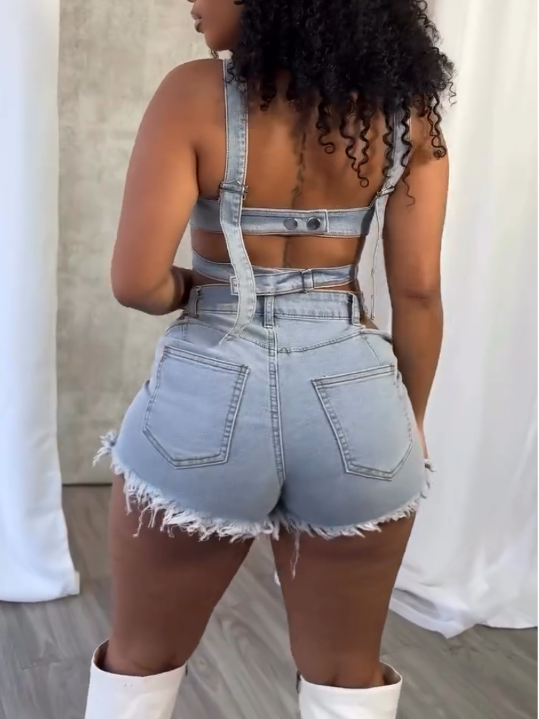 Sexy Denim Cutout Two-piece Set