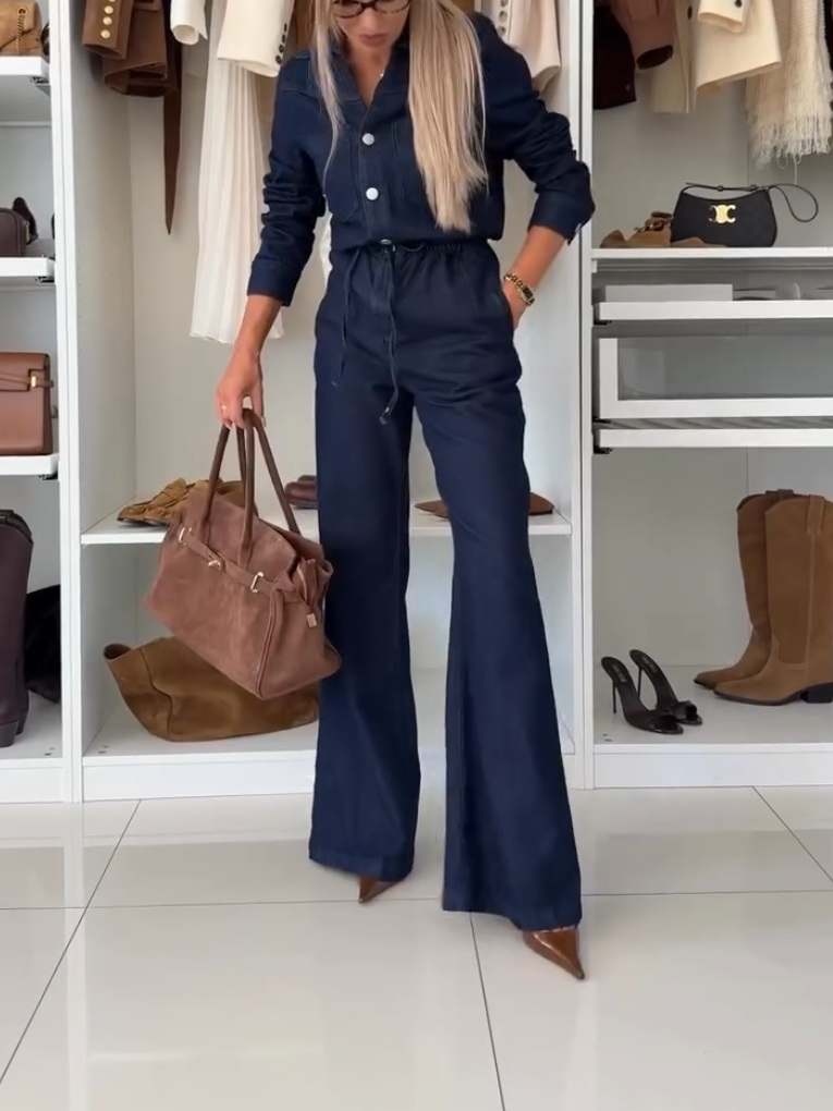 Elegant Denim Button-Up Lace-Up Jumpsuit