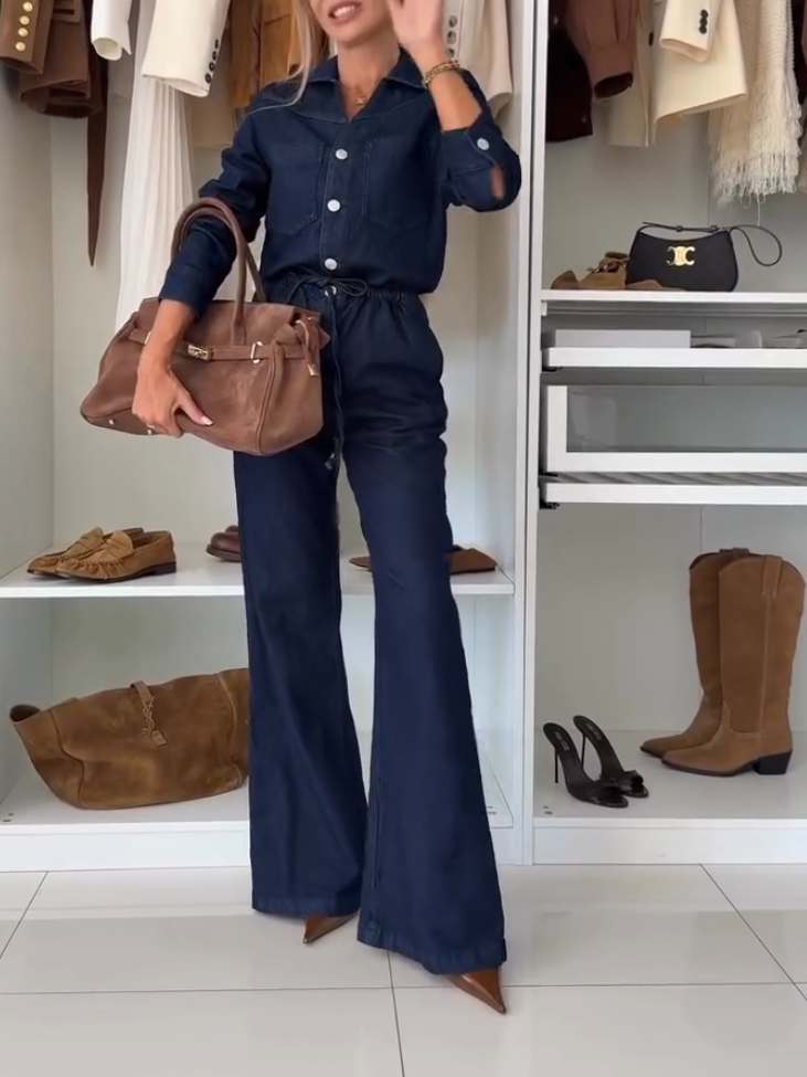 Elegant Denim Button-Up Lace-Up Jumpsuit