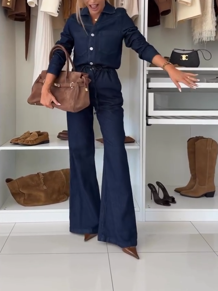 Elegant Denim Button-Up Lace-Up Jumpsuit