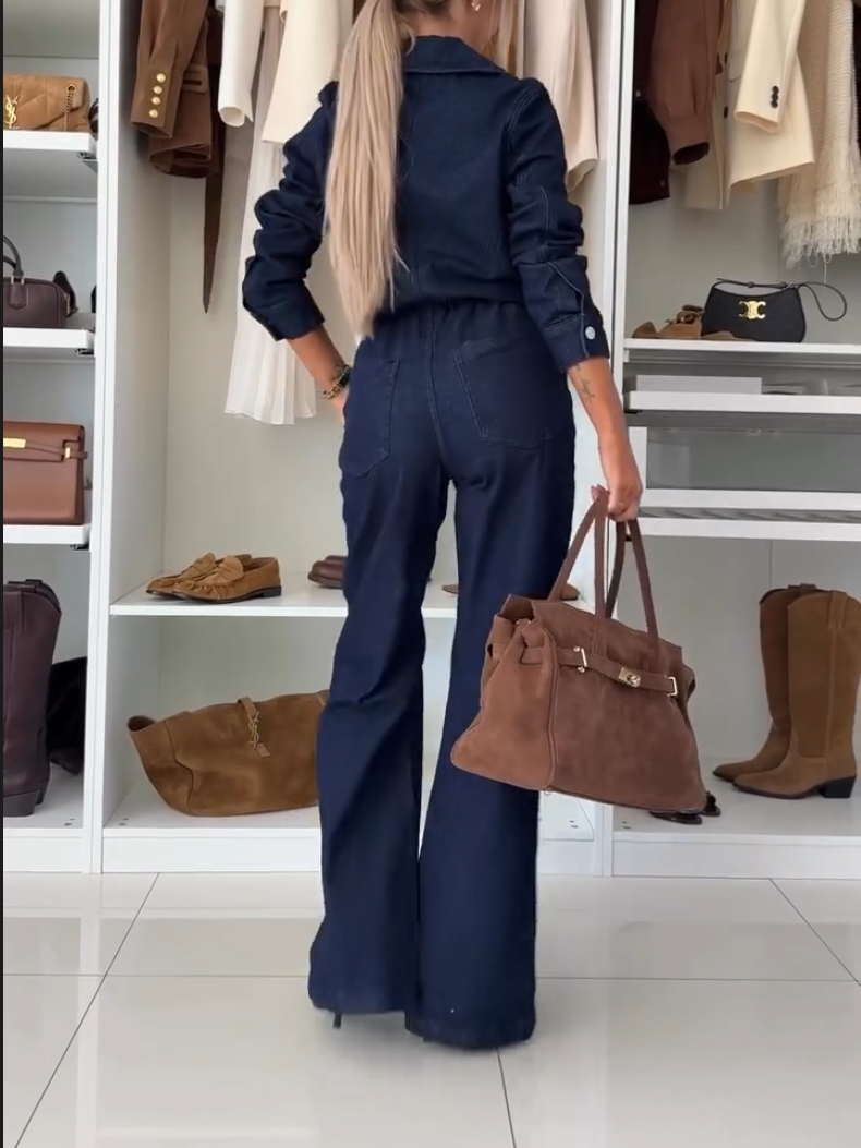Elegant Denim Button-Up Lace-Up Jumpsuit
