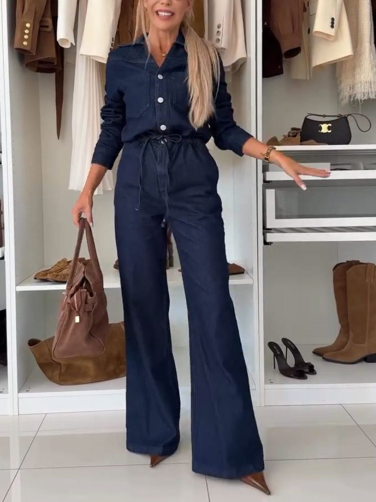 Elegant Denim Button-Up Lace-Up Jumpsuit