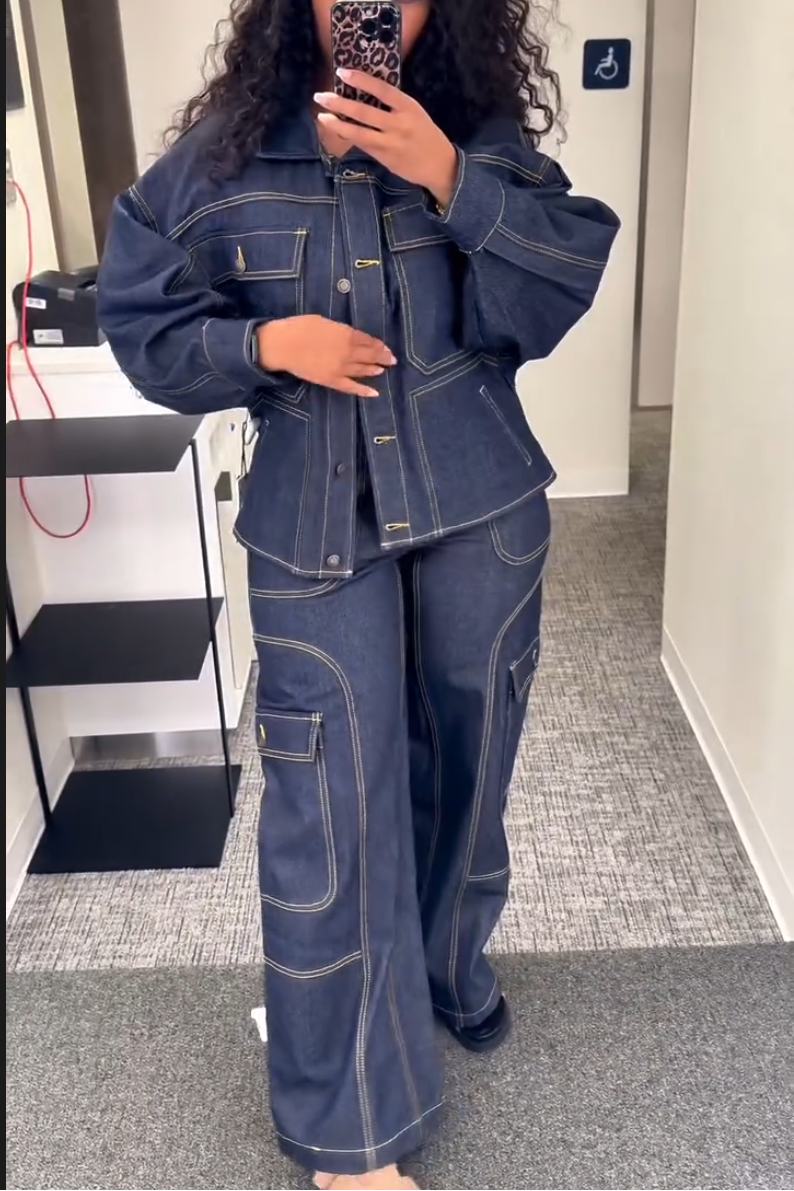 Denim Long-Sleeve Button Two-Piece Set