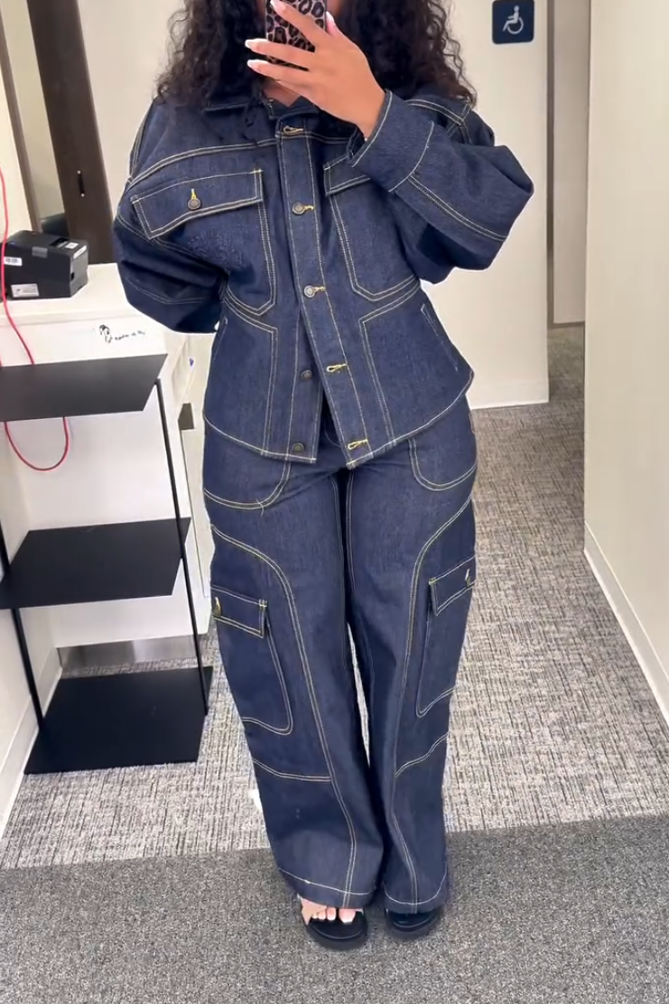 Denim Long-Sleeve Button Two-Piece Set