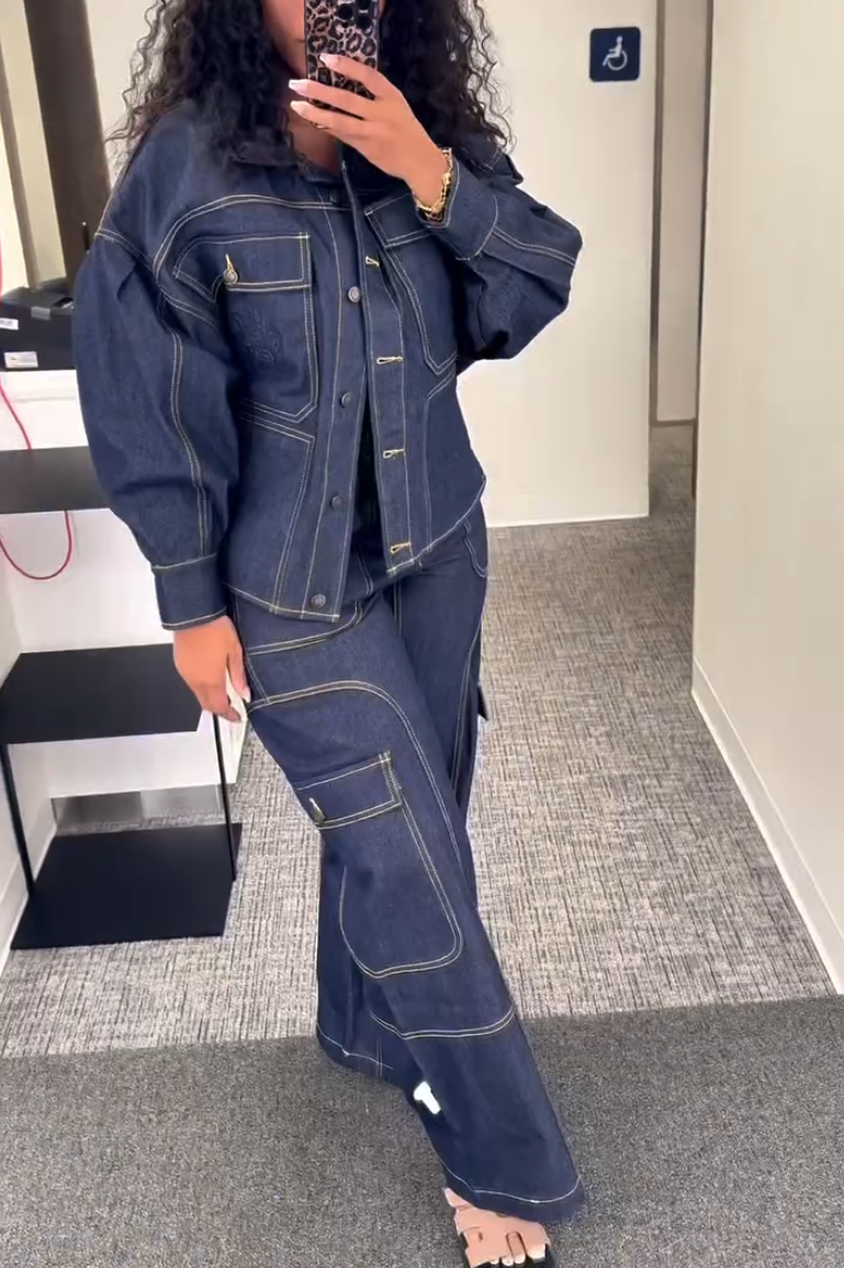 Denim Long-Sleeve Button Two-Piece Set