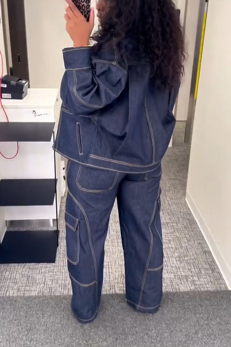 Denim Long-Sleeve Button Two-Piece Set