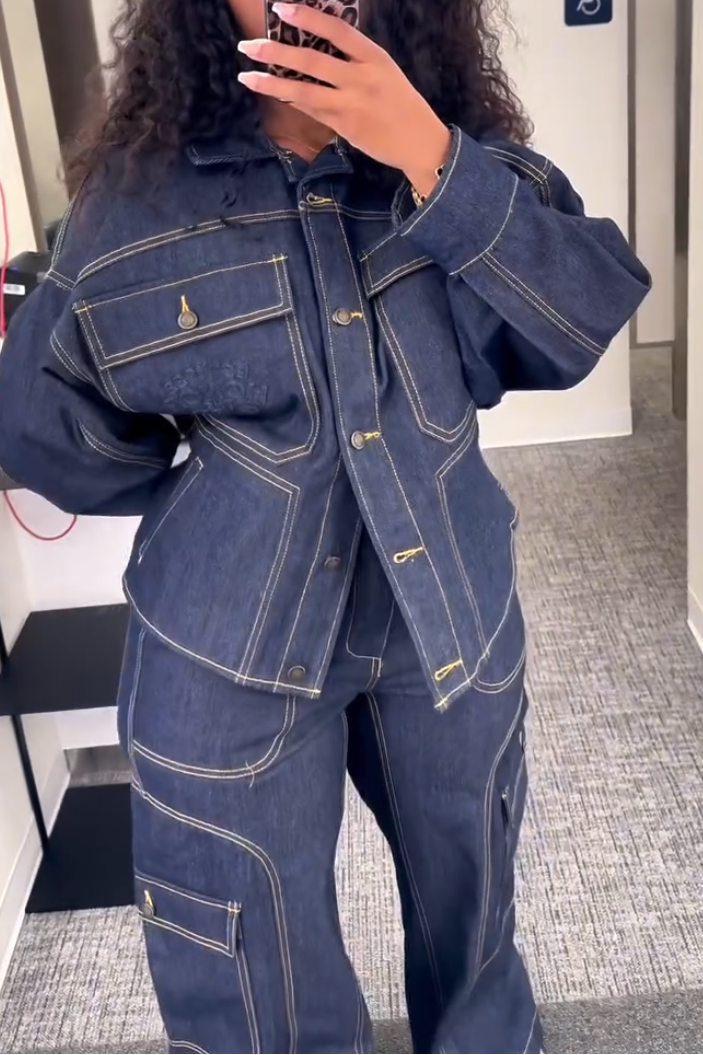 Denim Long-Sleeve Button Two-Piece Set