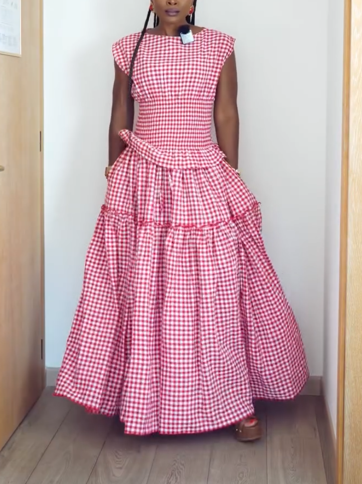 Elegant Red Check Print Two-Piece Set