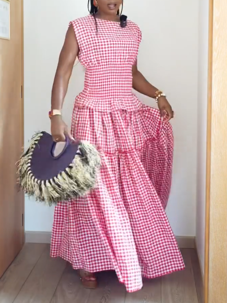 Elegant Red Check Print Two-Piece Set