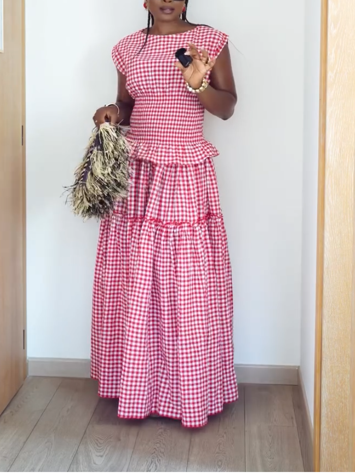 Elegant Red Check Print Two-Piece Set