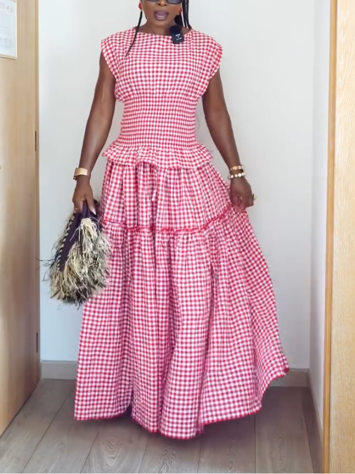 Elegant Red Check Print Two-Piece Set