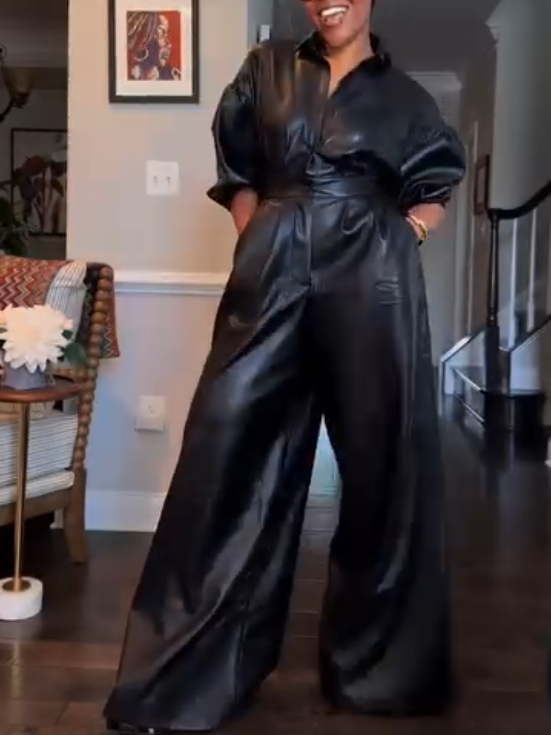 Elegant Black Leather Jumpsuit
