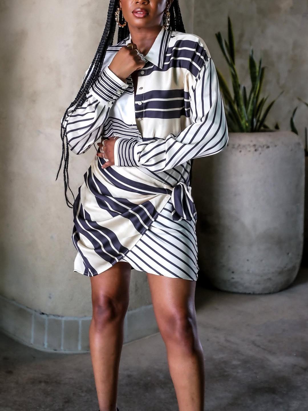 Elegant White Striped Shirt Mini Dress