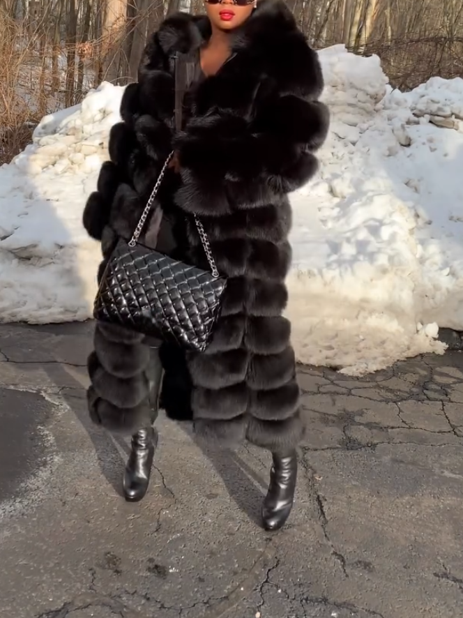 Elegant Black Long Sleeve Fox Fur Coat