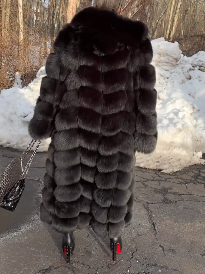 Elegant Black Long Sleeve Fox Fur Coat