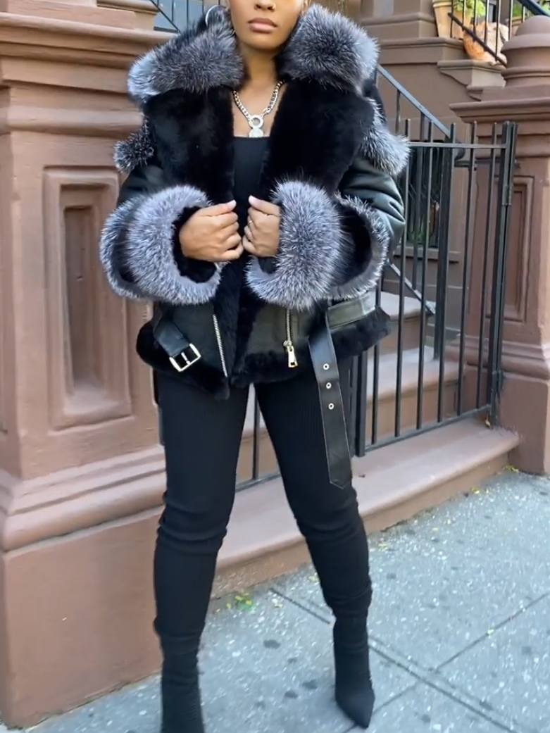 Black Leather Plush Sleeve Jacket