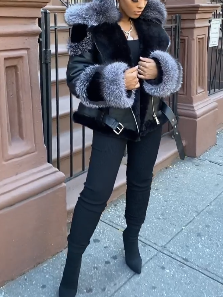 Black Leather Plush Sleeve Jacket