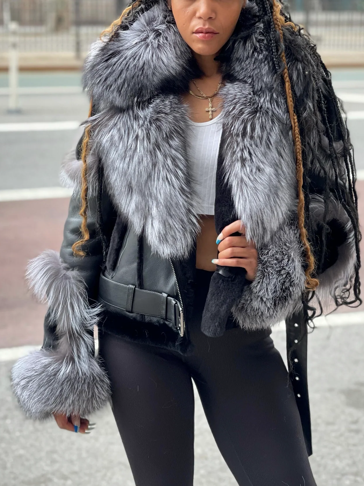 Black Leather Plush Sleeve Jacket