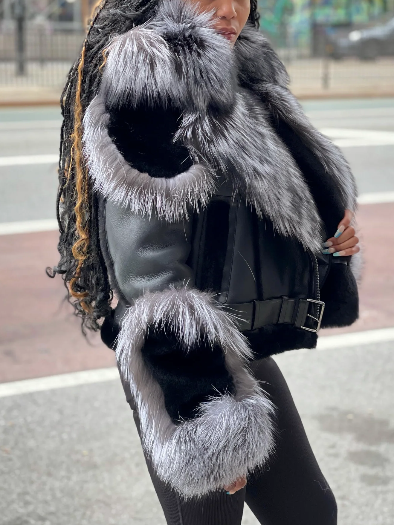 Black Leather Plush Sleeve Jacket