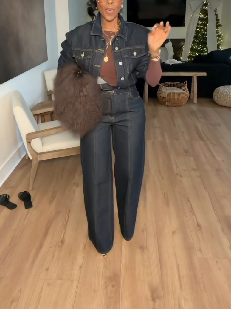 Elegant Denim Button Long Sleeve Jumpsuit