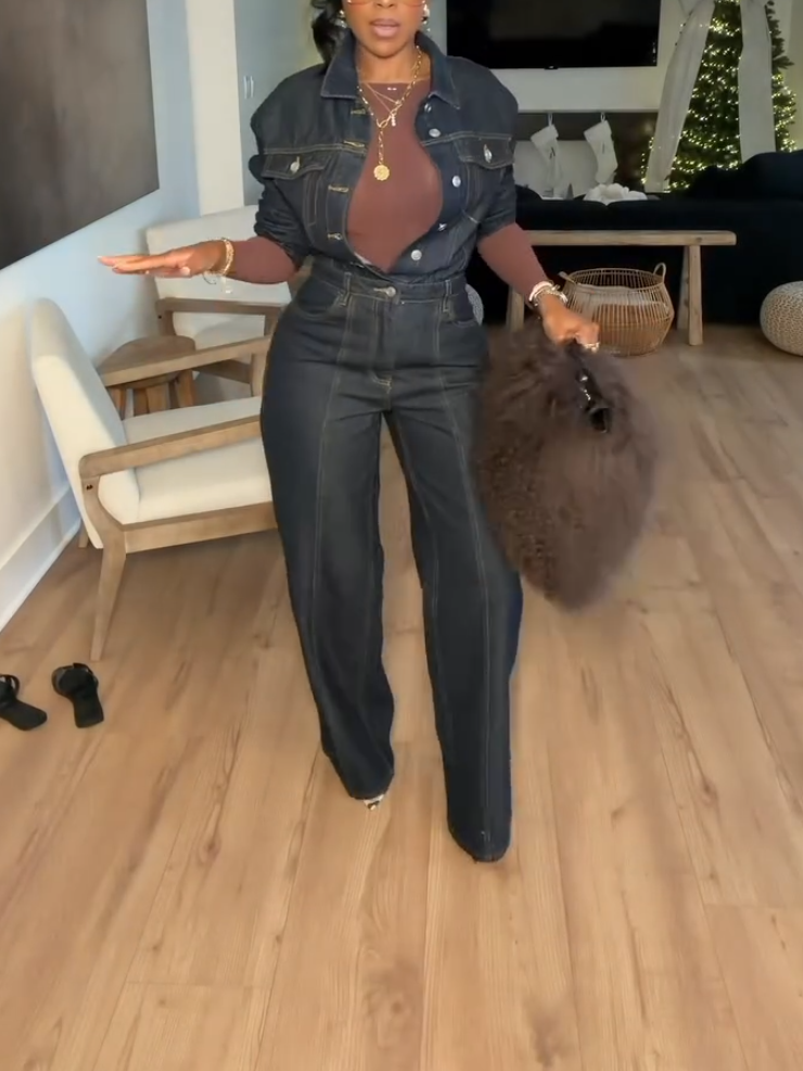 Elegant Denim Button Long Sleeve Jumpsuit