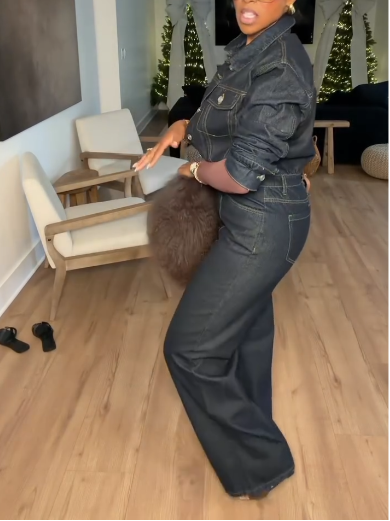 Elegant Denim Button Long Sleeve Jumpsuit