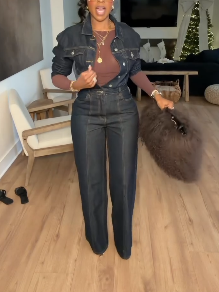 Elegant Denim Button Long Sleeve Jumpsuit