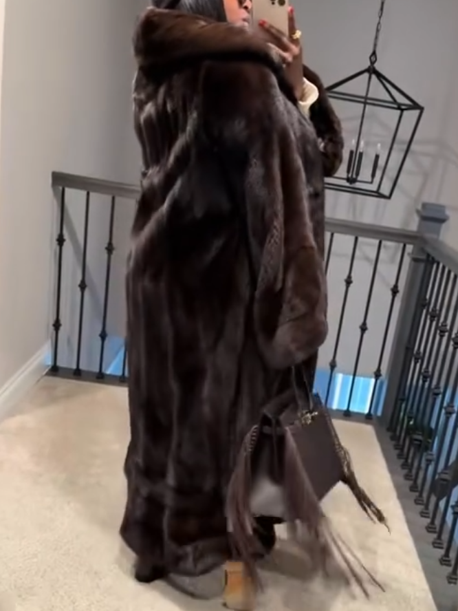 Elegant Dark Brown Fox Fur Long Coat