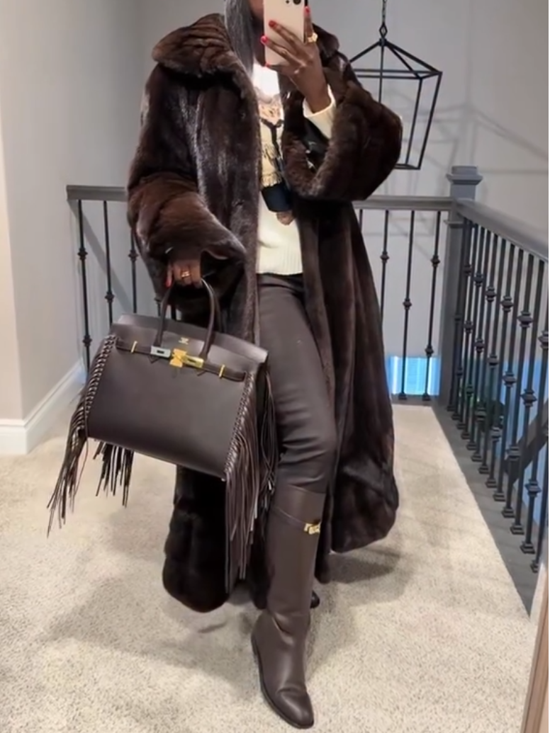 Elegant Dark Brown Fox Fur Long Coat