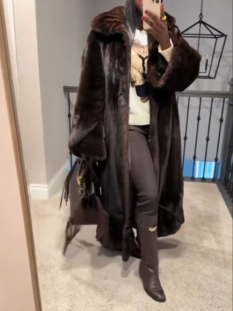 Elegant Dark Brown Fox Fur Long Coat