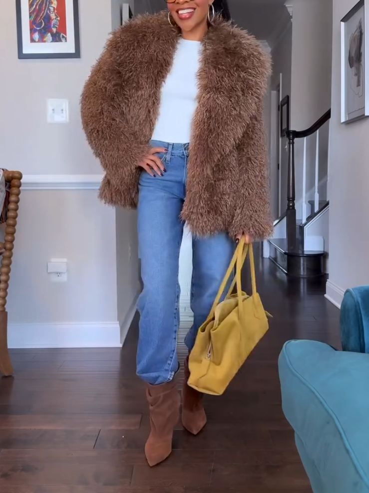 Warm Light Brown Plush Fur Coat