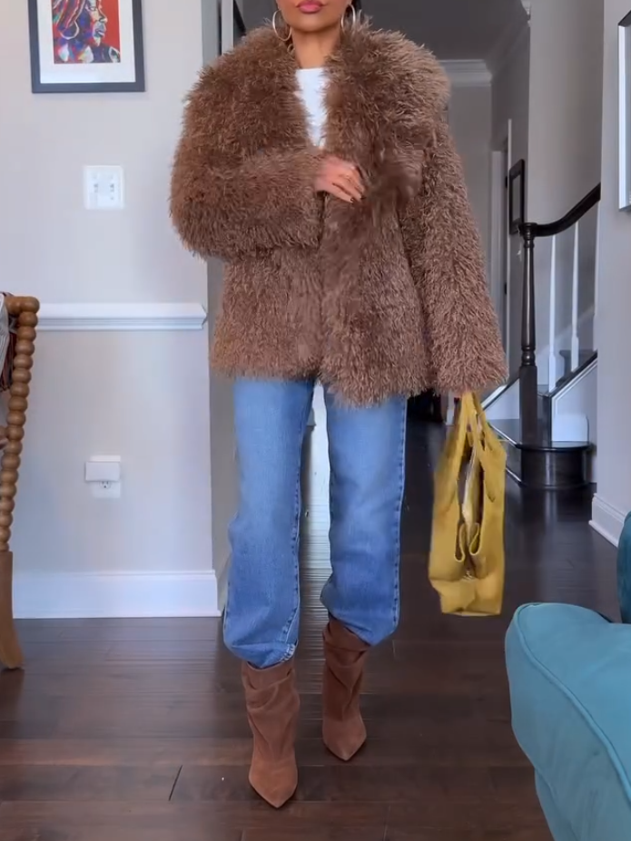 Warm Light Brown Plush Fur Coat