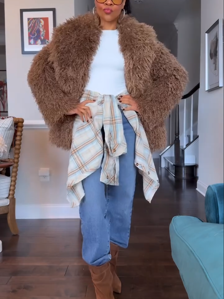 Warm Light Brown Plush Fur Coat