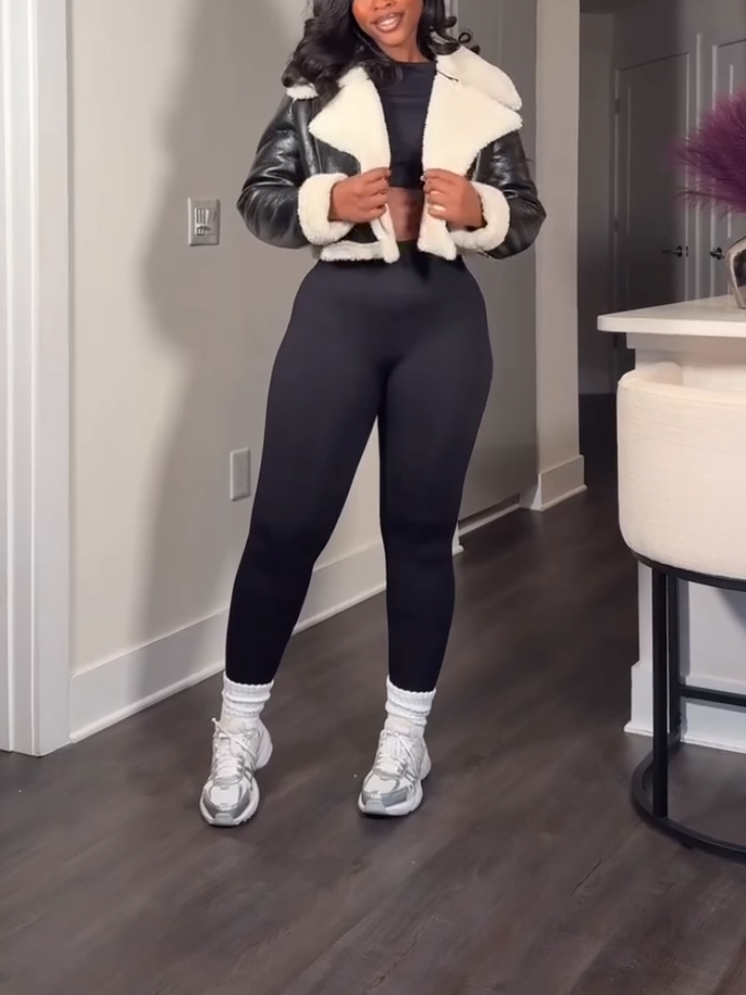 Black Casual Leather Plush Short Jacket