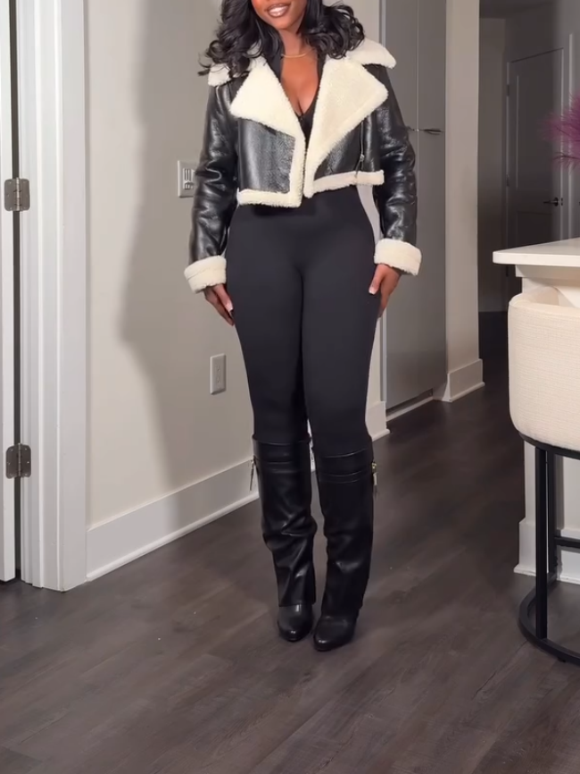 Black Casual Leather Plush Short Jacket