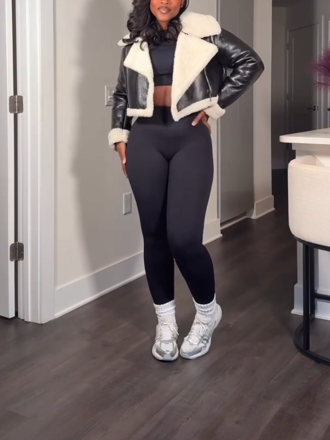 Black Casual Leather Plush Short Jacket