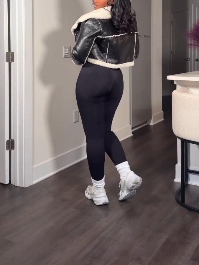 Black Casual Leather Plush Short Jacket