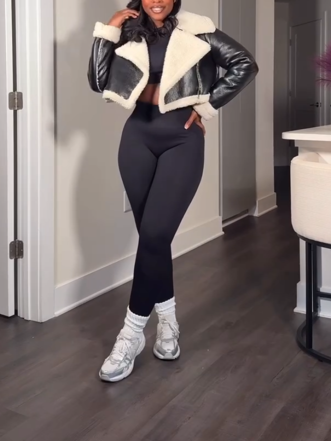 Black Casual Leather Plush Short Jacket