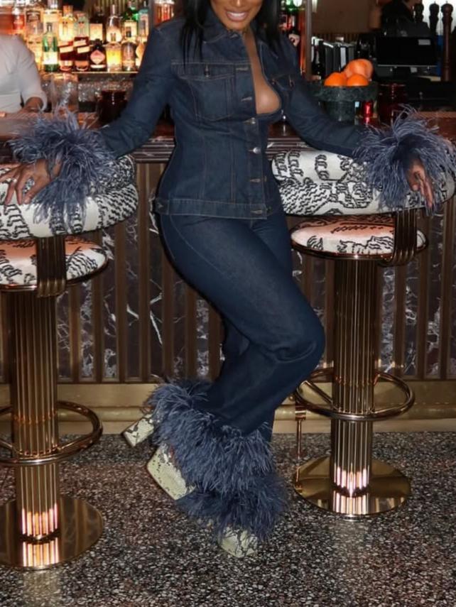 Elegant Denim Feather Cuff Two-piece Set