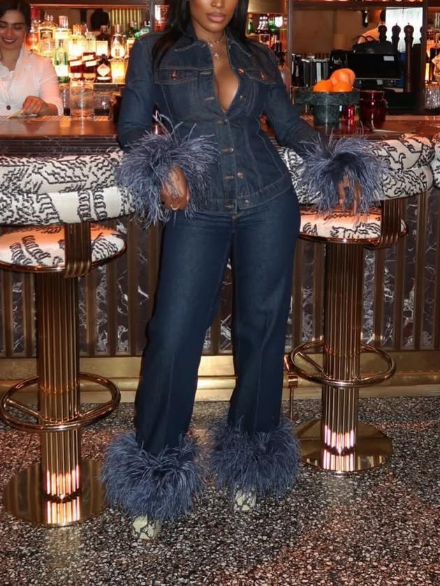 Elegant Denim Feather Cuff Two-piece Set