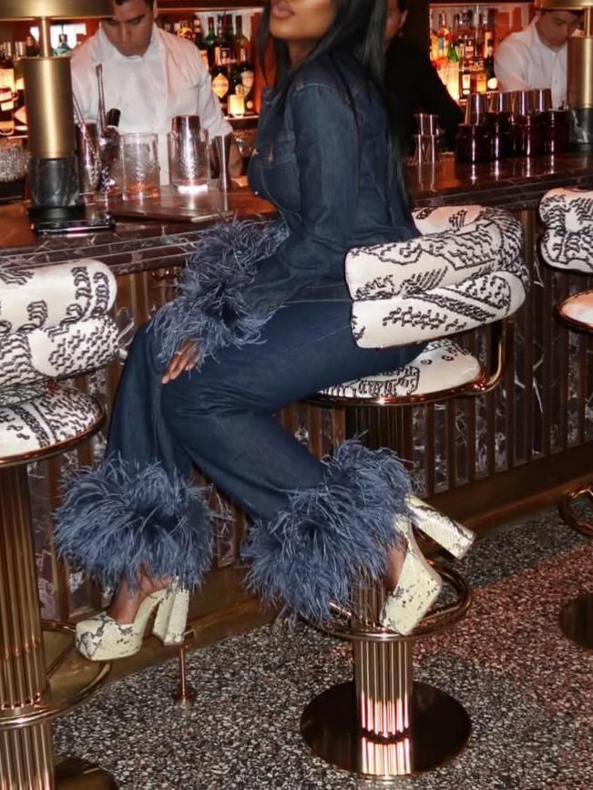 Elegant Denim Feather Cuff Two-piece Set