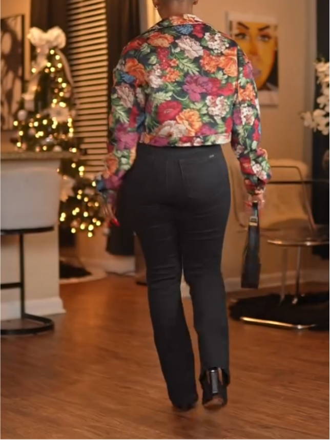 Denim Floral-Print Short Jacket