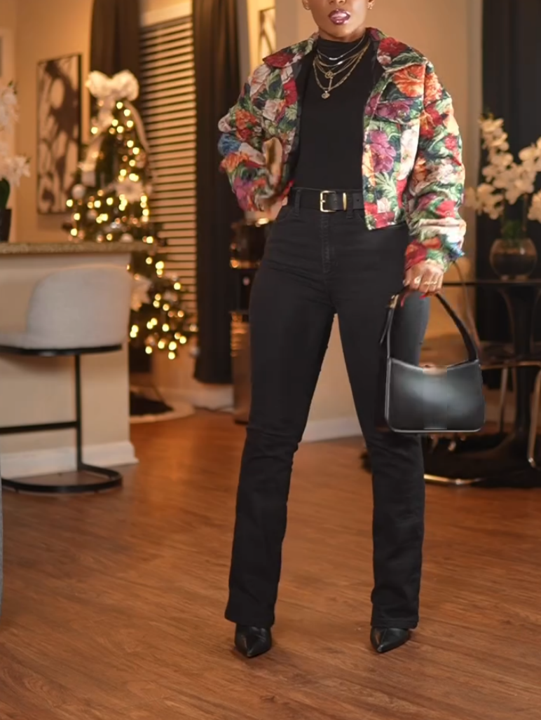 Denim Floral-Print Short Jacket