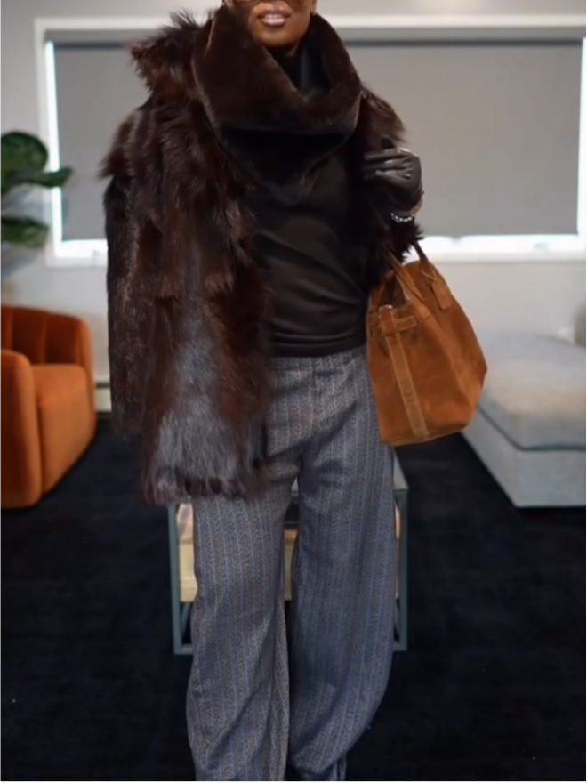 Elegant Brown Funnel Neck Fur Coat