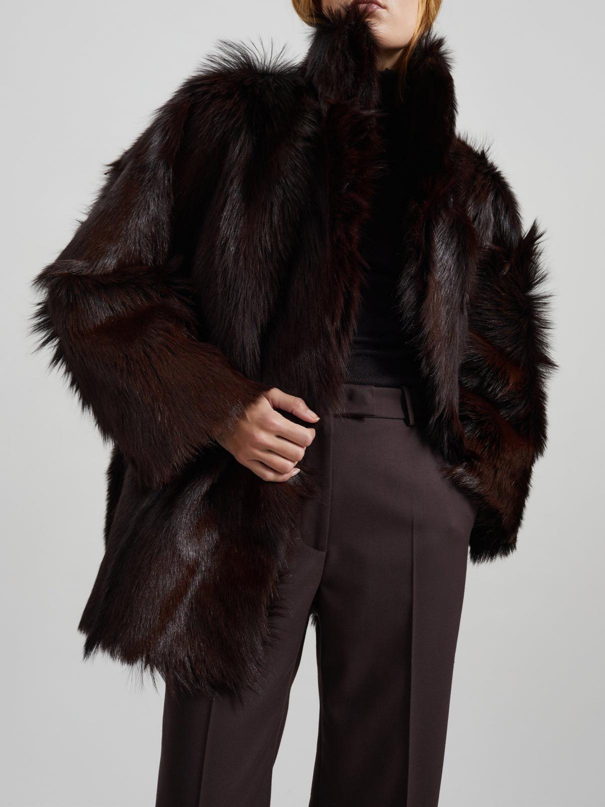 Elegant Brown Funnel Neck Fur Coat