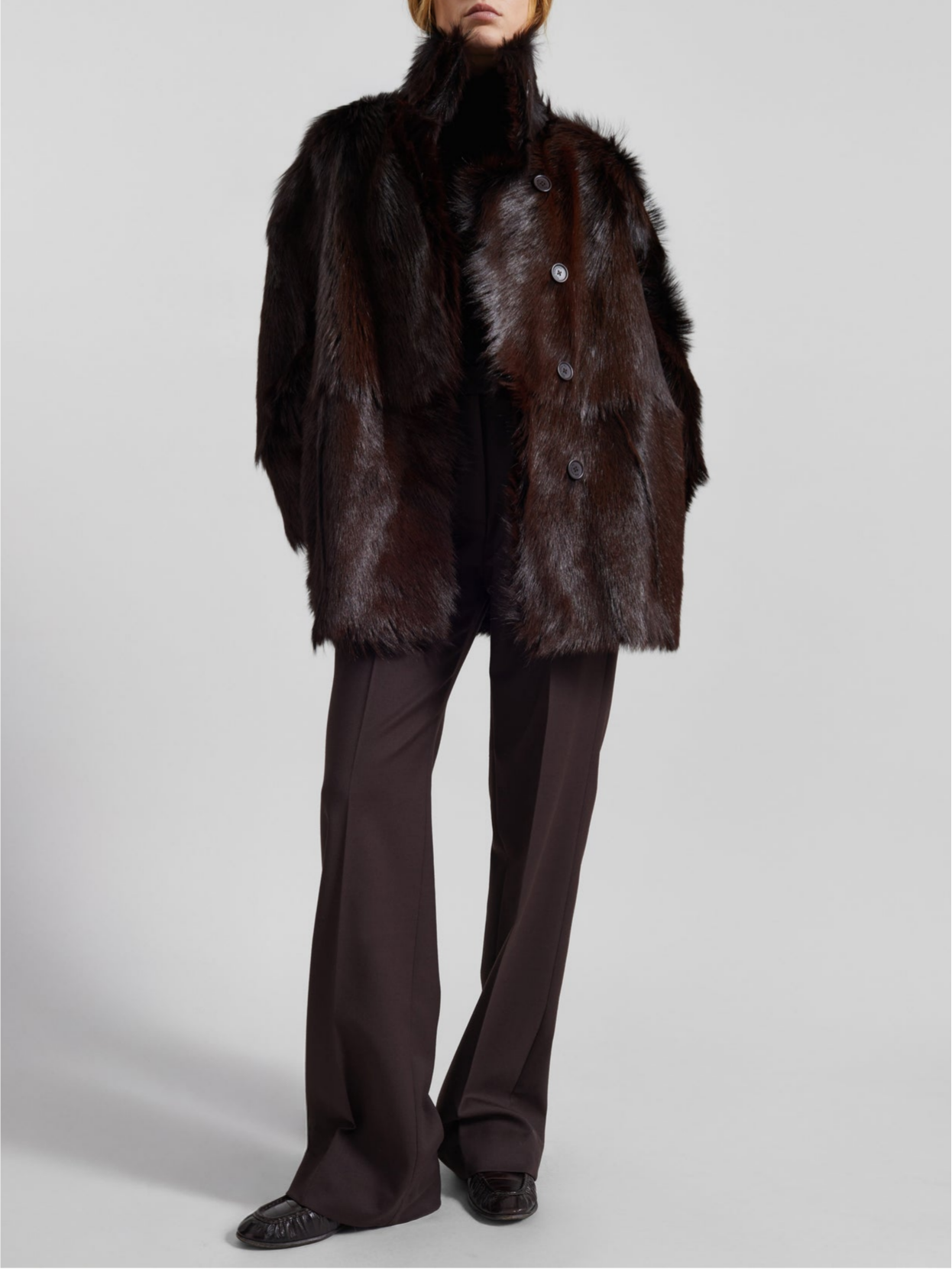 Elegant Brown Funnel Neck Fur Coat