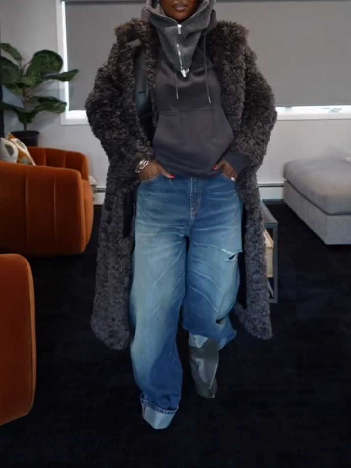 Elegant Warm Dark Grey Plush Long Coat